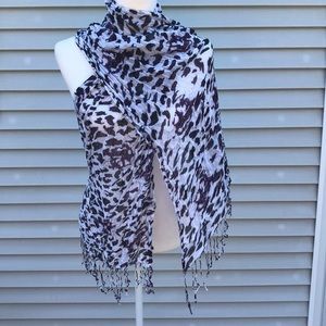 Purple/black leopard print scarf with fringe ends